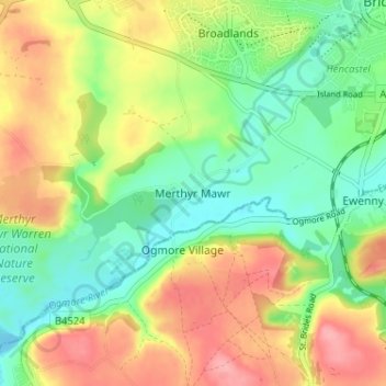 Mappa topografica Merthyr Mawr, altitudine, rilievo