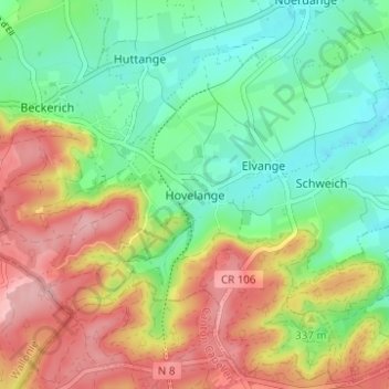Mappa topografica Hovelange, altitudine, rilievo