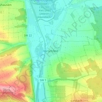 Mappa topografica Hirschfeld, altitudine, rilievo