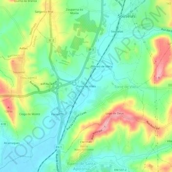 Mappa topografica Ponte de Vilela, altitudine, rilievo