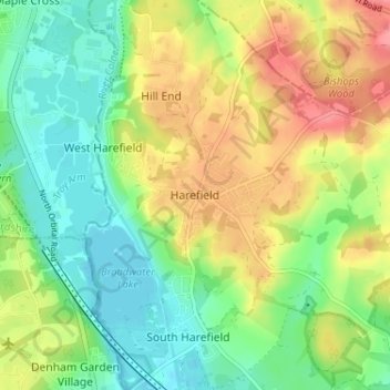 Mappa topografica Harefield, altitudine, rilievo