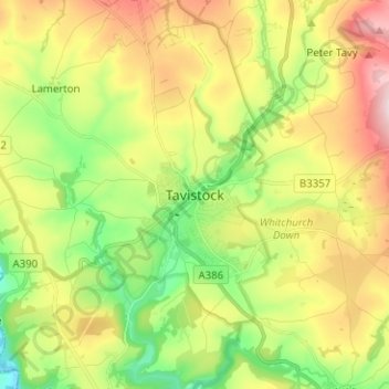 Mappa topografica Tavistock, altitudine, rilievo