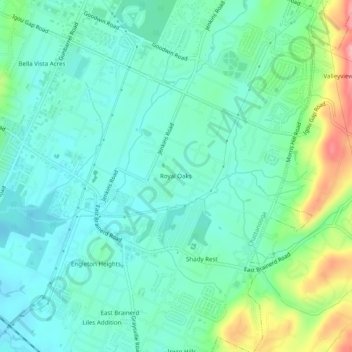 Mappa topografica Royal Oaks, altitudine, rilievo