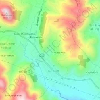 Mappa topografica Pisicaz Bajo, altitudine, rilievo