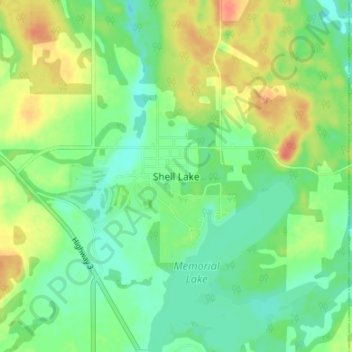 Mappa topografica Shell Lake, altitudine, rilievo