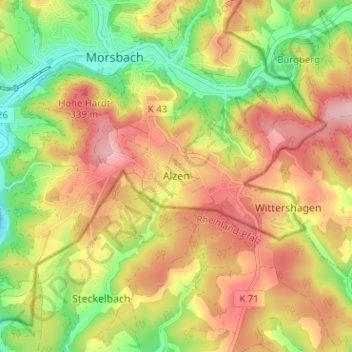 Mappa topografica Alzen, altitudine, rilievo