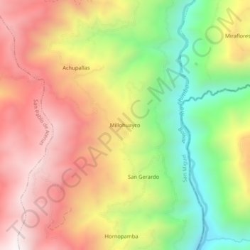 Mappa topografica Millohuayco, altitudine, rilievo
