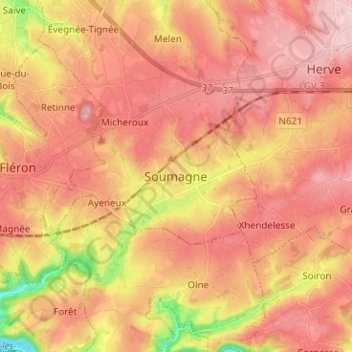 Mappa topografica Soumagne, altitudine, rilievo