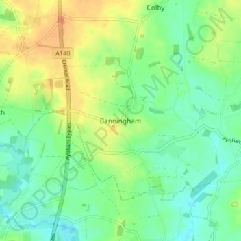 Mappa topografica Banningham, altitudine, rilievo