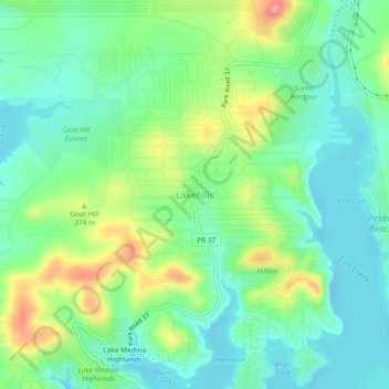 Mappa topografica Lakehills, altitudine, rilievo