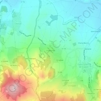 Mappa topografica Contournat, altitudine, rilievo