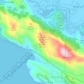Mappa topografica Šibenik, altitudine, rilievo