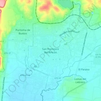 Mappa topografica San Francisco del Rincón, altitudine, rilievo