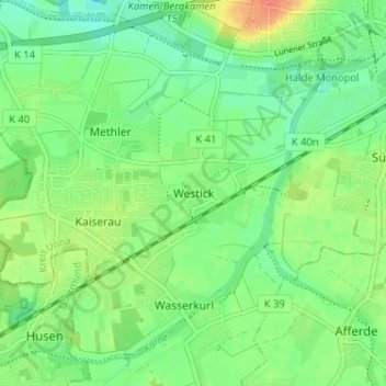 Mappa topografica Westick, altitudine, rilievo