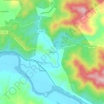 Mappa topografica Toconey, altitudine, rilievo