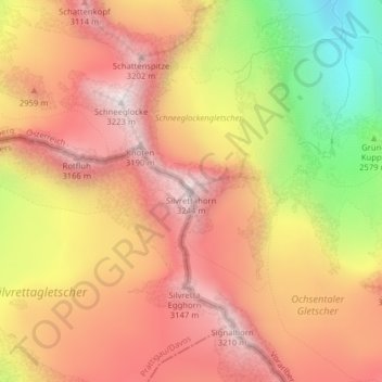 Mappa topografica Silvrettahorn, altitudine, rilievo