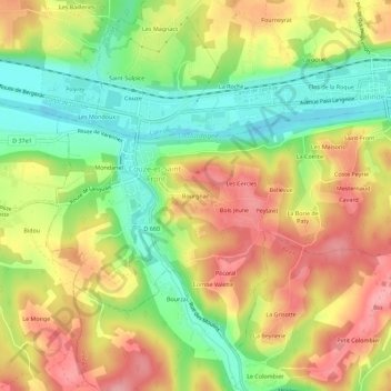 Mappa topografica Bourgnac, altitudine, rilievo