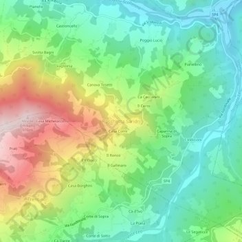 Mappa topografica Rocchetta Sandri, altitudine, rilievo