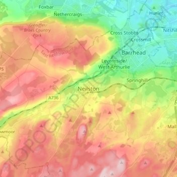 Mappa topografica Neilston, altitudine, rilievo