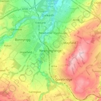 Mappa topografica Newtongrange, altitudine, rilievo
