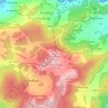 Mappa topografica A Ferreira, altitudine, rilievo