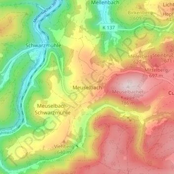 Mappa topografica Meuselbach, altitudine, rilievo