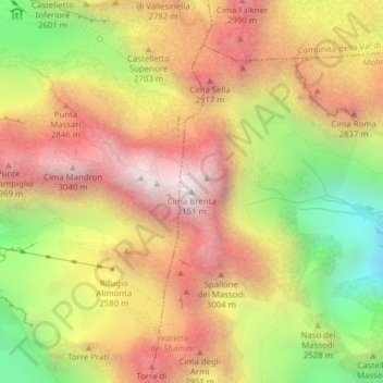 Mappa topografica Cima Brenta, altitudine, rilievo