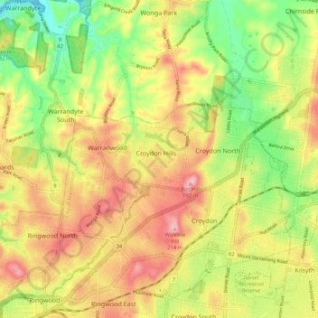 Mappa topografica Croydon Hills, altitudine, rilievo