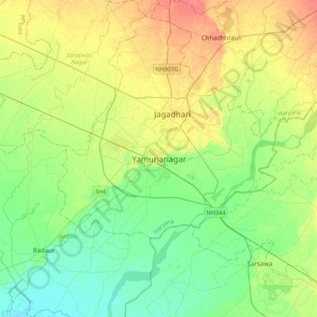Mappa topografica Yamunanagar, altitudine, rilievo