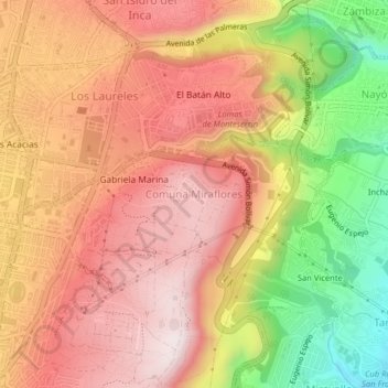 Mappa topografica Comuna Miraflores, altitudine, rilievo