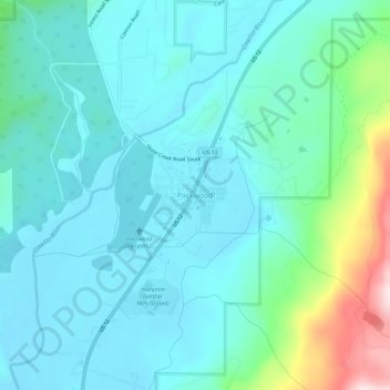 Mappa topografica Packwood, altitudine, rilievo