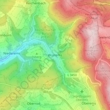 Mappa topografica Wüstems, altitudine, rilievo