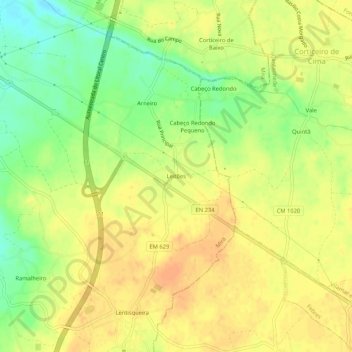 Mappa topografica Leitões, altitudine, rilievo