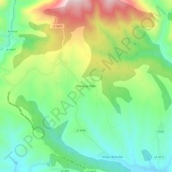 Mappa topografica Villarín de Riello, altitudine, rilievo