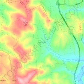 Mappa topografica Podentes, altitudine, rilievo