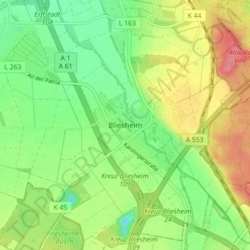 Mappa topografica Bliesheim, altitudine, rilievo