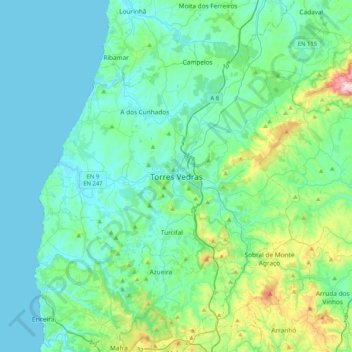 Mappa topografica Torres Vedras, altitudine, rilievo