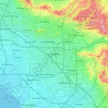 Mappa topografica Anaheim, altitudine, rilievo