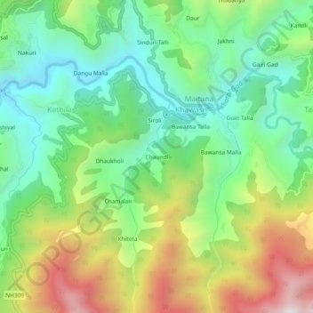 Mappa topografica Chaundi, altitudine, rilievo