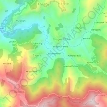 Mappa topografica Lakshmeshwar, altitudine, rilievo