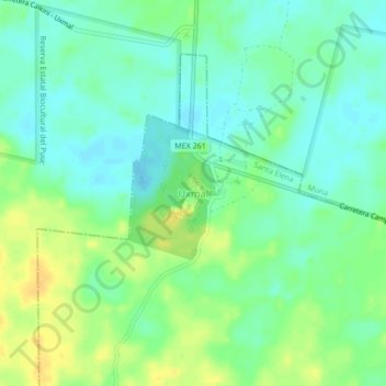 Mappa topografica Uxmal, altitudine, rilievo