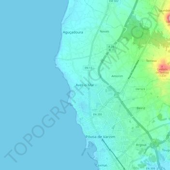 Mappa topografica Aver-o-Mar, altitudine, rilievo