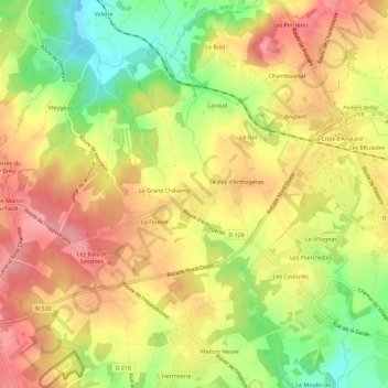 Mappa topografica Arthugéras, altitudine, rilievo