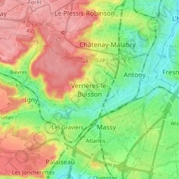 Mappa topografica Verrières-le-Buisson, altitudine, rilievo