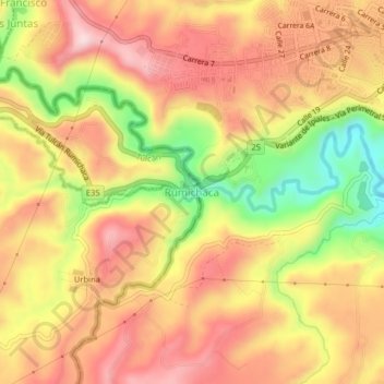 Mappa topografica Frontera Puente de Rumichaca, altitudine, rilievo
