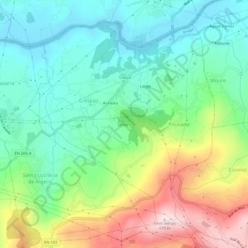 Mappa topografica Cruzes, altitudine, rilievo