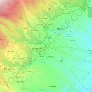 Mappa topografica Arico Viejo, altitudine, rilievo
