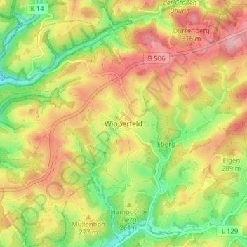Mappa topografica Wipperfeld, altitudine, rilievo