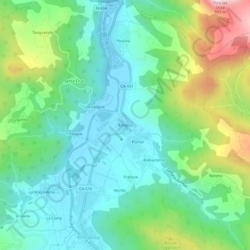 Mappa topografica Rioseco, altitudine, rilievo