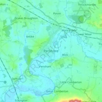 Mappa topografica Pershore, altitudine, rilievo